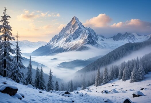The snow-capped mountain landscape has snow-covered valleys and pine trees