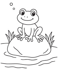 Coloring book frog rests on a mossy rock, blowing gentle bubbles. 