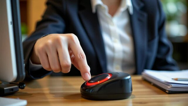 A person in business attire presses a large black and red button on a desk, suggesting a decisive moment or quick response.