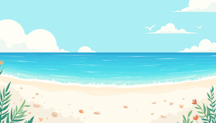 Fototapeta na wymiar Tropical Beach Serenity: Calm Waters, Sand, and Palms