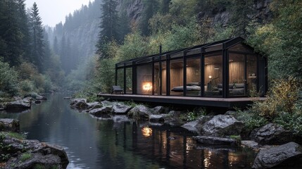 Obraz premium Glass Cabin Retreat Riverfront Living in Natures Embrace.