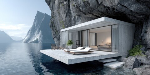 Cliffside Retreat Modern Cabin on a Serene Lake with Mountain Backdrop.