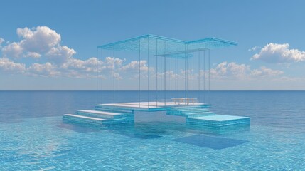 Dreamy Floating Pavilion Transparent structure over the ocean with serene escape.