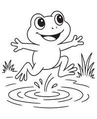 Coloring book joyful frog leaps over water, creating playful splashes.