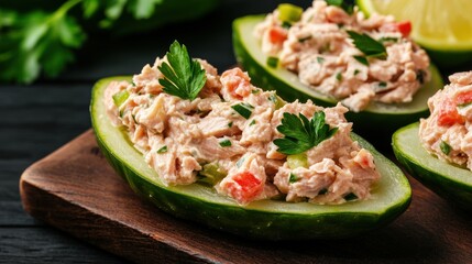 Cucumber boats filled with creamy tuna salad, garnished with fresh parsley, served on a wooden board.