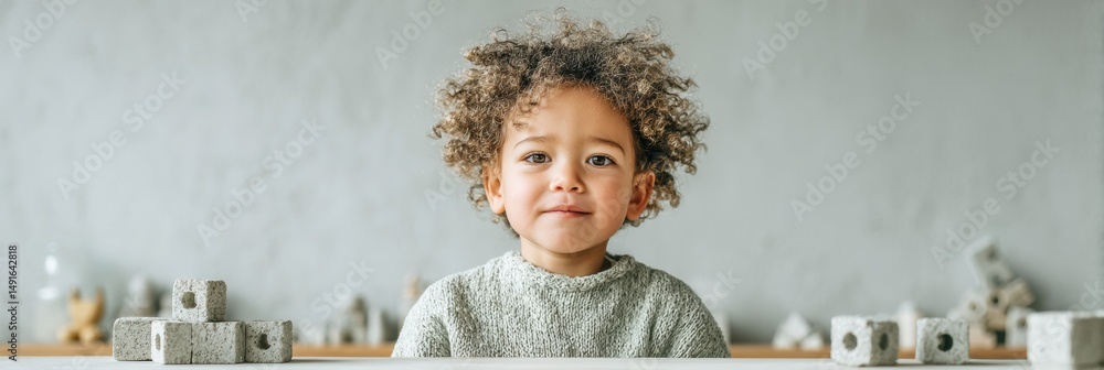 Poster soft minimalist early learning gen z inspired cognitive development showcase with curly-haired toddl