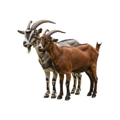 Close-up of three goats, displayed in a grouped arrangement against a neutral backdrop. Their different coat colors are readily visible.