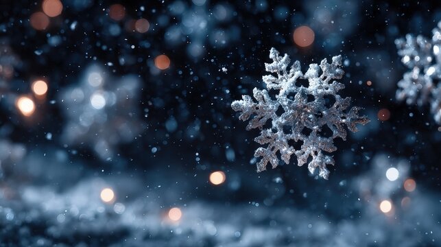Snowflakes gently falling on a snowy night illuminated by warm glowing lights in a dark outdoor setting.