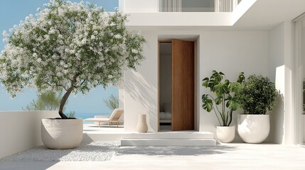 Seaside Serenity Minimalist Villa with White Blossoms and Ocean View.