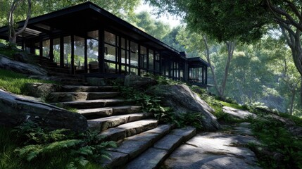Modern glass house nestled in verdant forest with stone path.