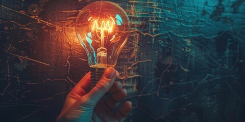 Fototapeta premium A hand holding a light bulb against a dark, textured background