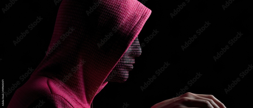 Leinwandbilder cybersecurity threat visualization anonymous dark web hacker in magenta hoodie revealing digital int