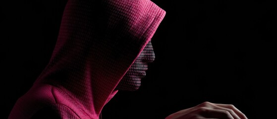 Cybersecurity Threat Visualization Anonymous Dark Web Hacker in Magenta Hoodie Revealing Digital Intrusion Risks for Enterprise Cyber Defense Strategies