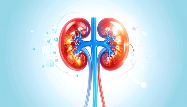 A detailed illustration of human kidneys, showcasing their structure with vibrant colors and background elements symbolizing health and function