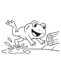Coloring book frog leaps into water, making a playful splash near a log