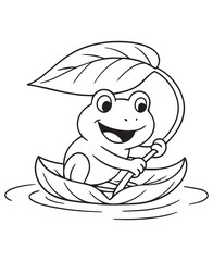 Coloring book frog rows a lily pad boat with a big smile!