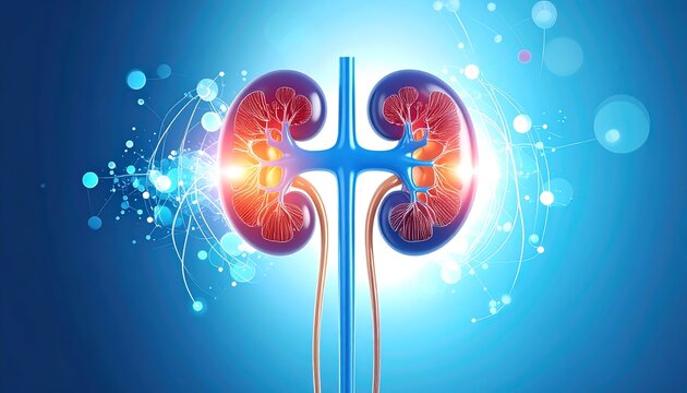 Illustration of human kidneys with a glowing effect, highlighting their structure and function against a blue abstract background