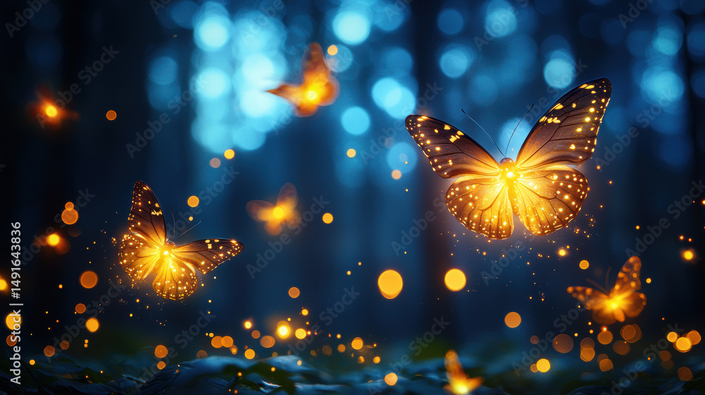 Poster magical scene featuring glowing butterflies in nighttime forest, surrounded by shimmering lights and