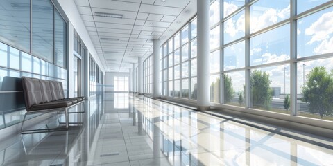 A spacious, modern office hallway with large windows, white walls, and a clean, reflective floor.