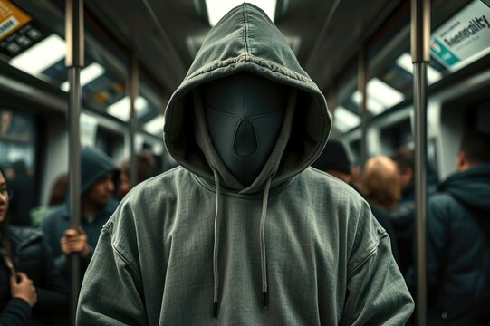 Person in gray hoodie and mask standing on a crowded subway train