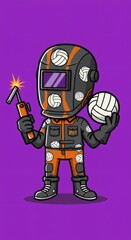 Fototapeta premium Welder Cartoon Character with Volleyball Design