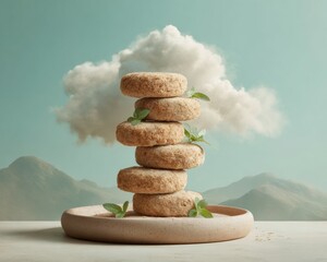 Mindful Meditation Cookies Surreal Wellness Landscape Showcasing Stacked Organic Nutrition with Dreamy Cloud Aesthetic for Holistic Lifestyle Branding