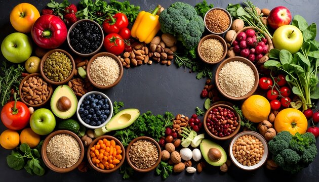 Clean eating concept with a table of unprocessed whole foods including fruits, vegetables, nuts, and grains