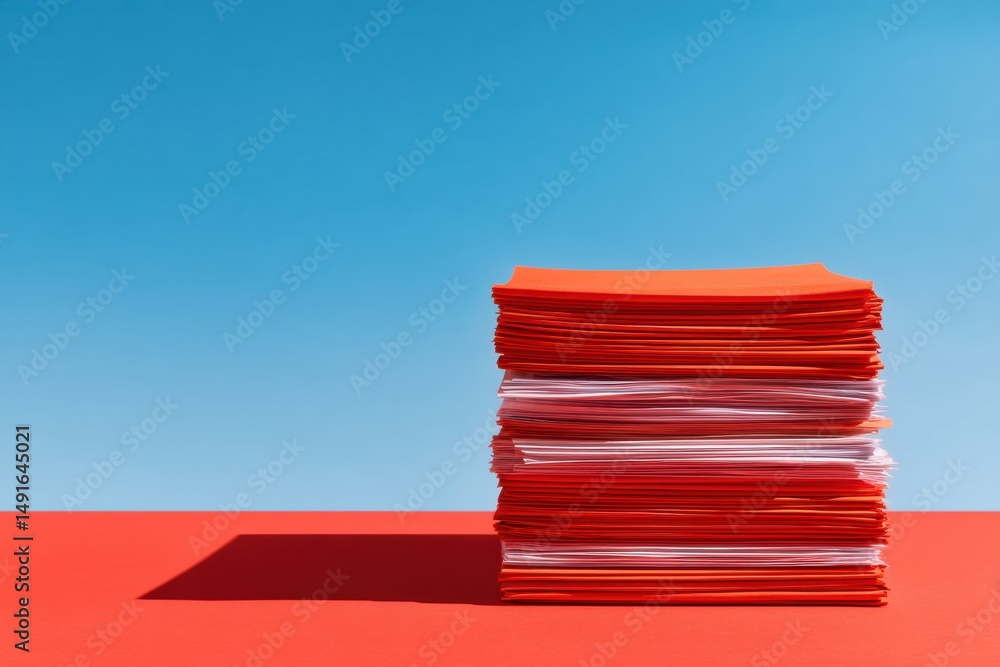 Poster Minimalist Bureaucracy Visualization Sleek Red and White Document Stack Symbolizing Digital Transformation, Workflow Optimization, and Administrative Efficiency