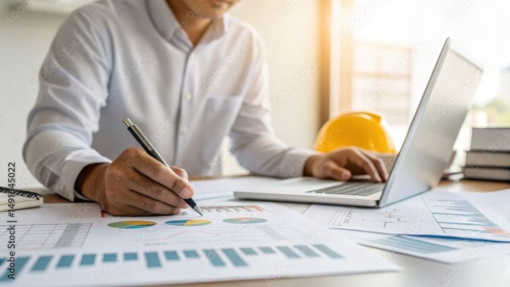 Poster a person analyzes data and charts on a table while using a laptop in a bright workspace.