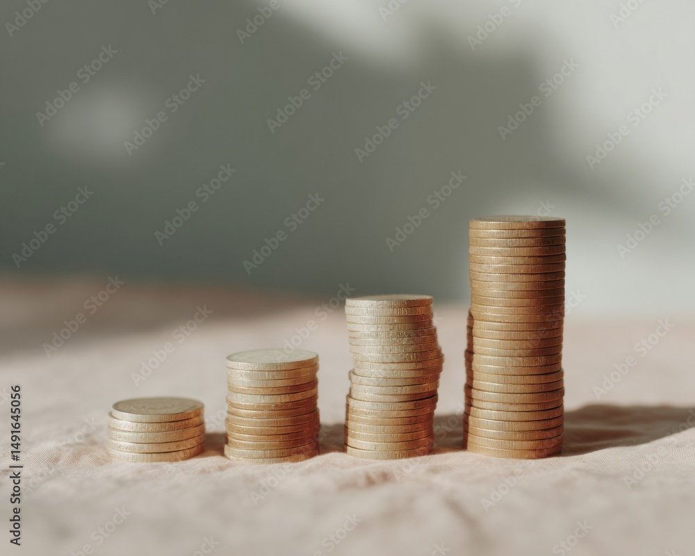 Poster minimalist financial growth ascending coin stacks visualizing economic resilience and investment str