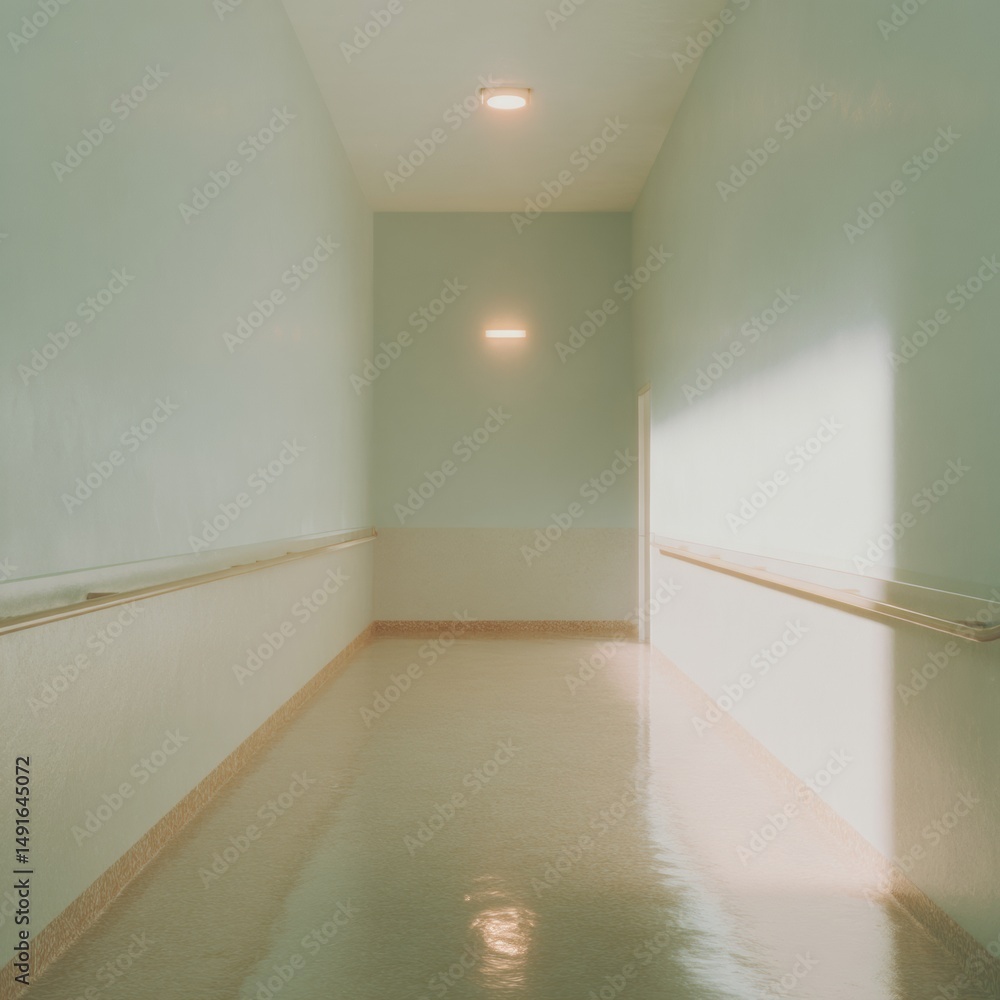 Aufkleber Liminal Wellness Corridor Minimalist Healthcare Design Exploring Sensory Transitions and Contemplative Institutional Spaces with Soft Illumination