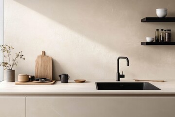 A modern kitchen interior design showcasing a light beige color scheme.