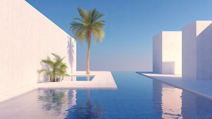 Serene Oasis Palm tree with pool, and and white walls under a clear sky.