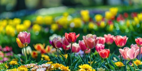 A vibrant flower garden with a variety of colorful tulips and daisies, set against a blurred green background, with a person in the foreground 