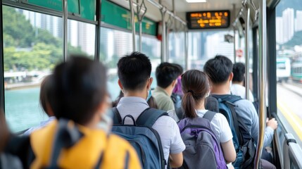 People ride public transportation bus in city commute