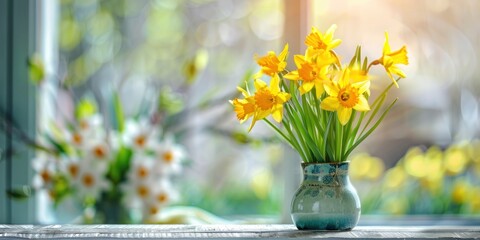A bouquet of yellow daffodils in a blue vase on a wooden table in front of a window with a green frame.