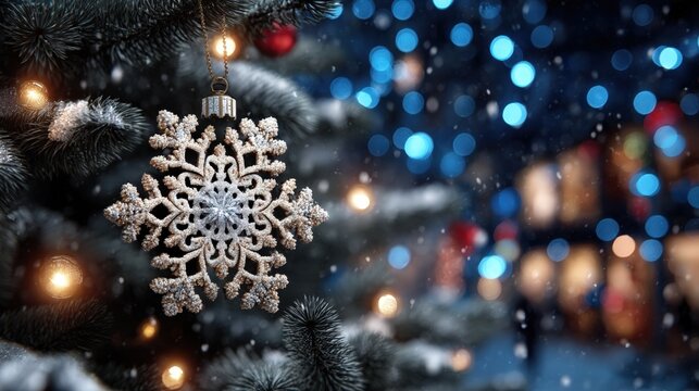 Close-up of a white snowflake ornament hanging on a green Christmas tree with snow-covered branches.