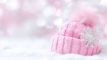 Pink winter hat with white snowflake embroidery on a plain white background, isolated product shot.