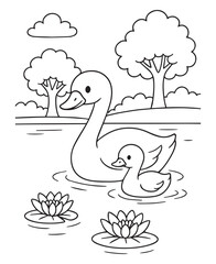 Coloring book swan and its cute cygnet glide on a serene pond, surrounded by lily pads and trees, 