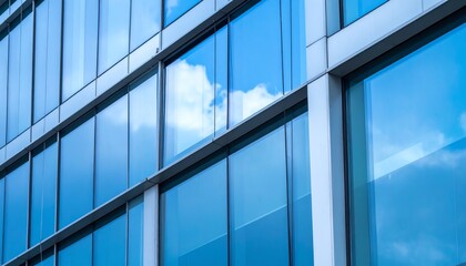 A modern building facade reflecting clouds and sky, showcasing sleek glass panels and a contemporary architectural design