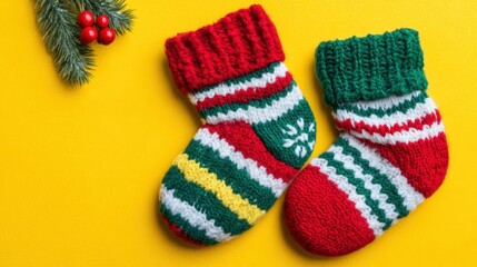 Two red and white knitted Christmas socks with pine branch and red berries on white background.