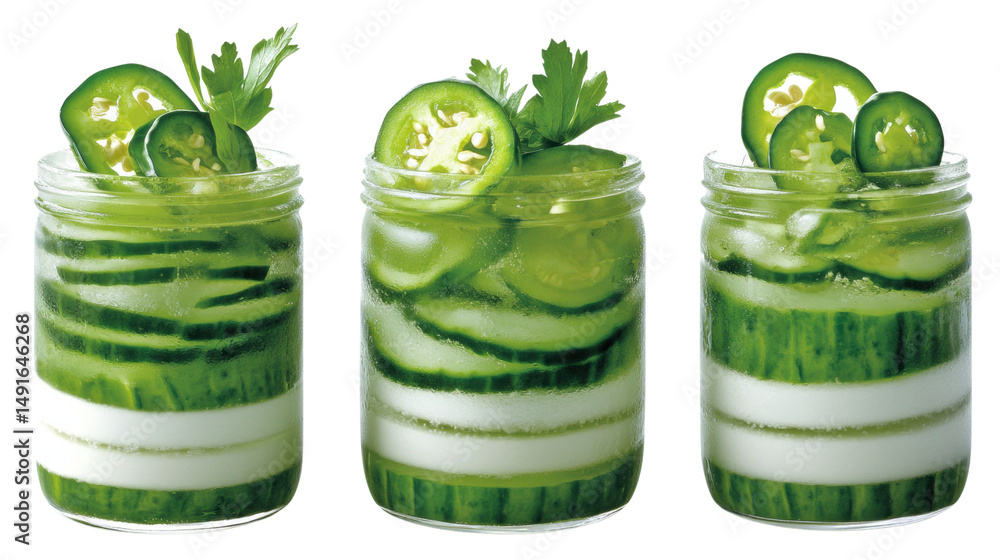 Poster three mason jars filled with layers of cucumbers and white cream garnished with parsley and jalapeno