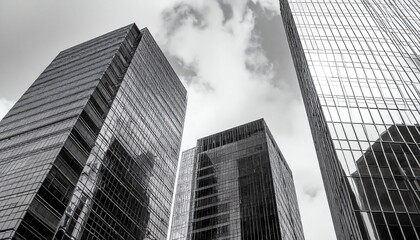 Modern skyscrapers rise against a cloudy sky, showcasing reflective glass facades and geometric architecture in a monochrome palette