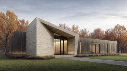 Obraz premium Modern Home Amidst Autumn Clean Lines with Natural Light, and Tranquil Setting.