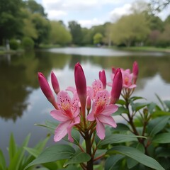 Capullos de azalea en flor junto al lago en el parque