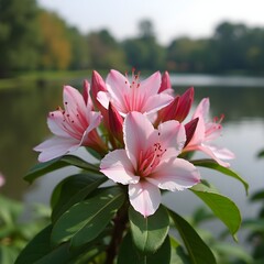 Capullos de azalea en flor junto al lago en el parque