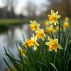 Capullos de flores de narciso en flor junto al lago en el parque
