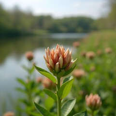 Capullos de flores de euforbia floreciendo en la orilla del lago del parque