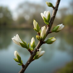 Brotes de flores de &aacute;rbol de caucho floreciendo en la orilla del lago del parque