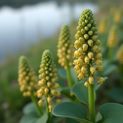 Capullos de flores de euforbia floreciendo en la orilla del lago del parque